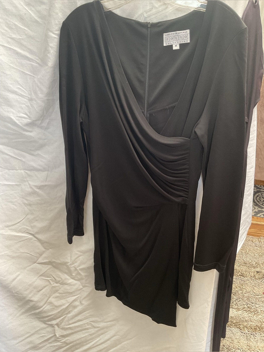 Saks Fifth Avenue Black Draped V-Neck Long Sleeve Dress